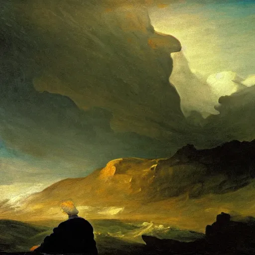 Image similar to goya the colossus painting, giant on the horizon, colossus in background, made of stone, atmospheric haze, stormy, tundra, hudson river school, princess in foreground, large scale