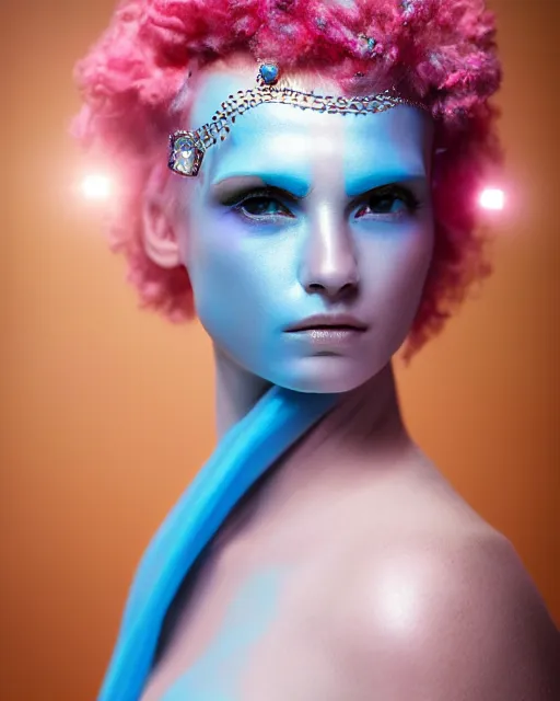 Prompt: natural light, soft focus portrait of a android with soft synthetic pink skin, blue bioluminescent plastics, smooth shiny metal, elaborate ornate head piece, piercings, venetian mask, skin textures, by annie liebovotz, paul lehr,