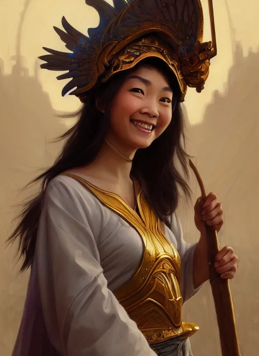 Image similar to Close-up portrait of smiling young asian woman wearing a winged helmet and a robe, holding a magic staff, portrait, highly detailed, digital painting, artstation, concept art, sharp focus, illustration, art by artgerm and greg rutkowski and alphonse mucha