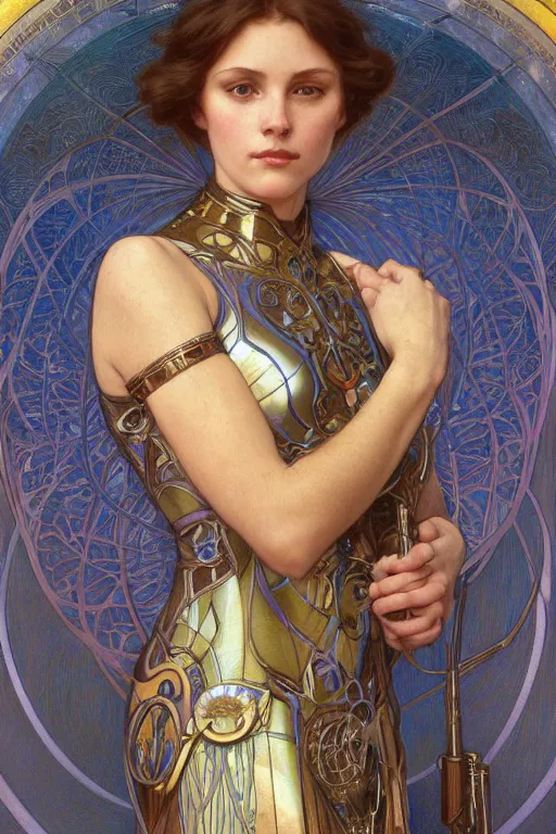 Image similar to a young woman wearing iridescent art nouveau armor symmetrical portrait, character concept art, art nouveau oilpainting, trending in artstation, cgsociety, by Donato Giancola, Alphonse Mucha, Artgerm and William Bouguereau