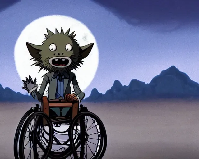 Prompt: a cell shaded cartoon grey lovecraftian wolfman in a wheelchair from howl's moving castle ( 2 0 0 4 ), with a big head, on a desert road, wide shot, in front of a big moon, muted colors, post grunge, studio ghibli, james jean, victor ngai, hq, deviantart, art by artgem