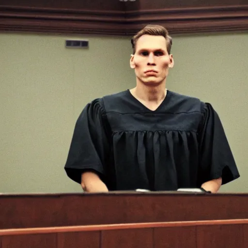 Image similar to jerma 9 8 5, still image of jerma 9 8 5 on trial, courtroom photo, courtroom interior background,