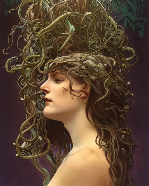 Prompt: side profile portrait of Medusa by Alphonse mucha, art nouveau, oil on canvas, wisps, snakes, foliage, lush, cinematic composition, cinematic concept art, volumetric lighting, high octane render, unreal engine, high detail, realism, hyper-real