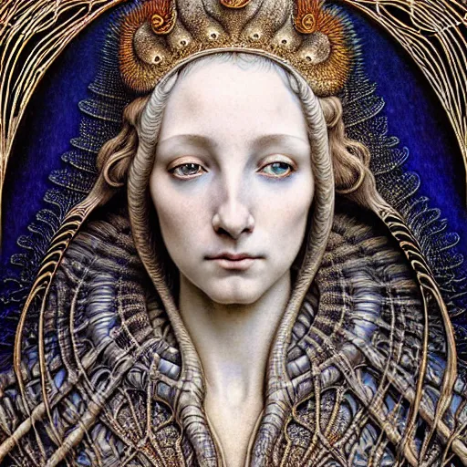 Image similar to detailed realistic beautiful young medieval queen face portrait by jean delville, gustave dore, iris van herpen and marco mazzoni, art forms of nature by ernst haeckel, art nouveau, symbolist, visionary, gothic, neo - gothic, pre - raphaelite, fractal lace, intricate alien botanicals, ai biodiversity, surreality, hyperdetailed ultrasharp octane render