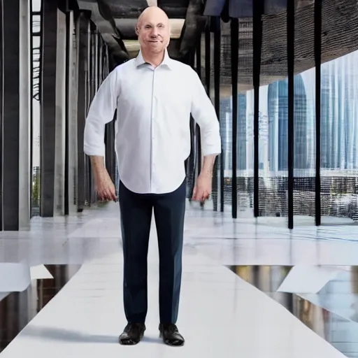 Image similar to a giant middle aged balding blue eyed white man dressed in a white shirt, gray pants and black dress shoes standing in a miniature city