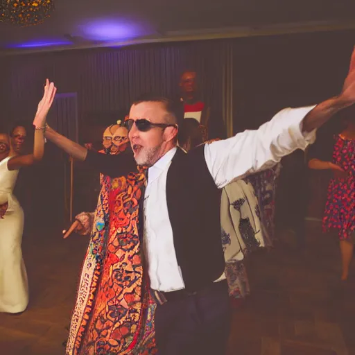 Prompt: photorealistic still of white man dancing at an African wedding