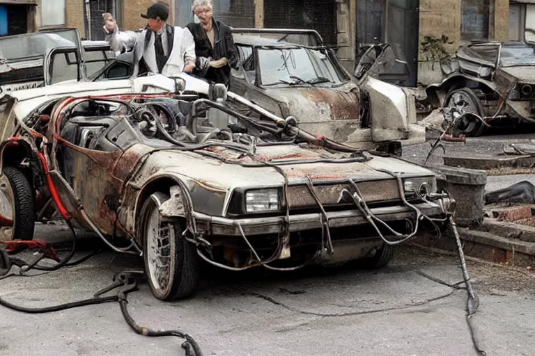 Image similar to rusty, derelict 1 9 2 2 delorean being dragged by a tow truck