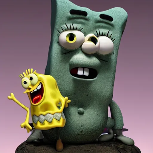 Image similar to SpongeBob Squarepants stone statue by Michelangelo, Dramatic Lighting by Brom, trending on Artstation, golden hour