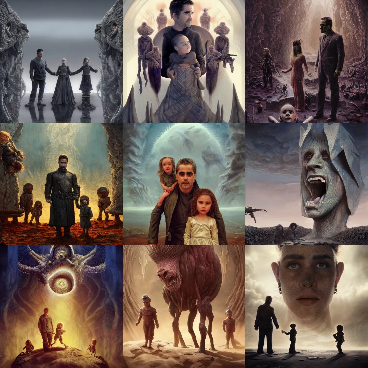 Prompt: family, colin farrell with emilia clarke with kids, wayne barlowe, symmetrical, surreal, magic surrealism, very coherent symmetrical artwork, cinematic, hyper realism, high detail, octane render, 8 k