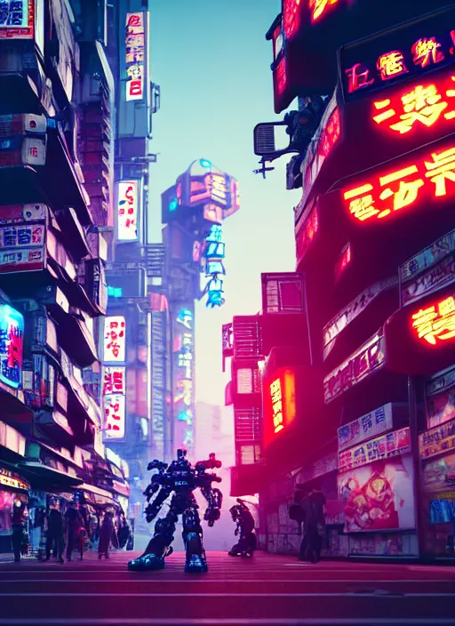 Image similar to market in japan, cyberpunk style, giant mecha - warrior in battle pose in center of field on first plan, bright neon signs, larry elmore, octane render, 3 d render, hard surface, masterpiece, trending on artstation, featured on pixiv, cinematic composition, hyper - detailed, hd, hdr, 4 k, 8 k