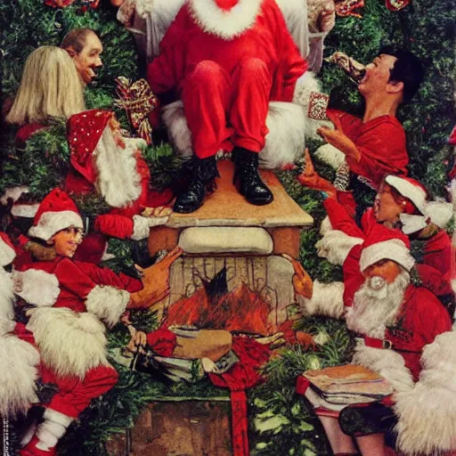 Prompt: vogue designer Santa Claus Sacrificing the Elves to a Volcano God Altar norman rockwell