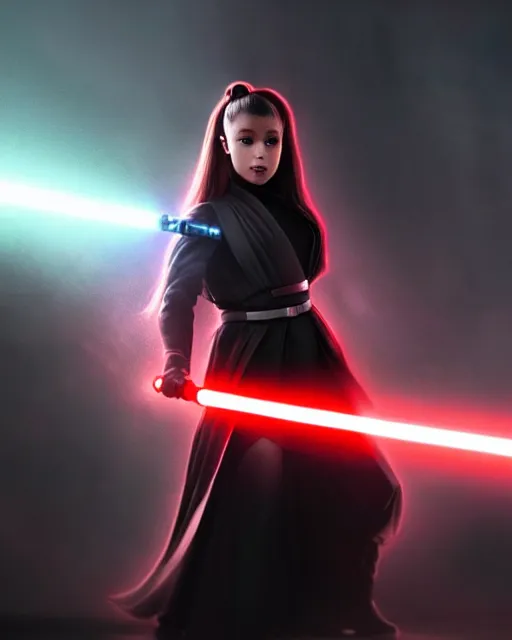 Image similar to Award winning photo of Ariana Grande as a sith lord igniting her light saber, Star Wars concept art by Colin Cantwell, Sith Lord. Dramatic Lighting, Cinematic Lighting, Artstation, volumetric fog, action photography, hyper-realistic, 8K resolution, 4K resolution