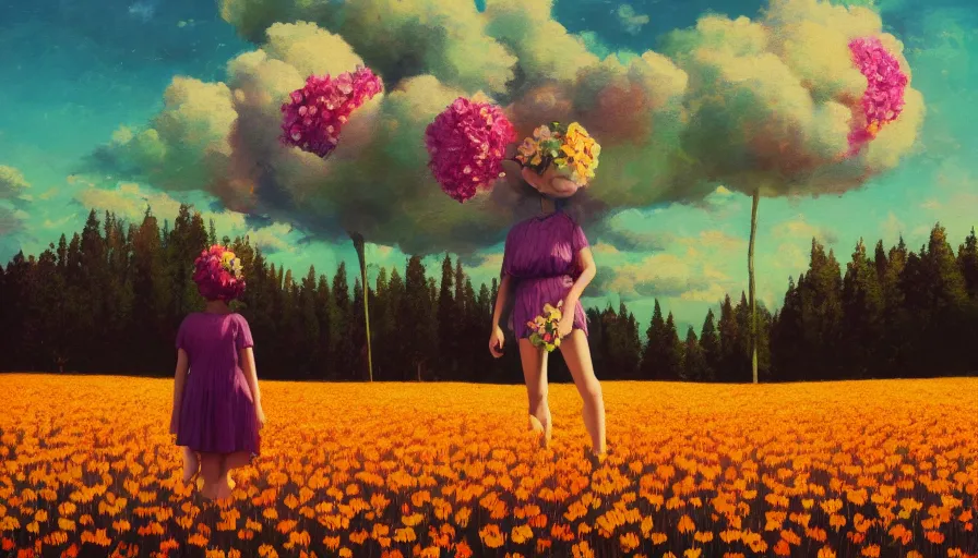 Image similar to girl with a giant flower face, surreal photography, dream, standing in flower field, hills, big trees, sunrise dramatic light, impressionist painting, colorful clouds, digital painting, pointillism, artstation, simon stalenhag, flower face