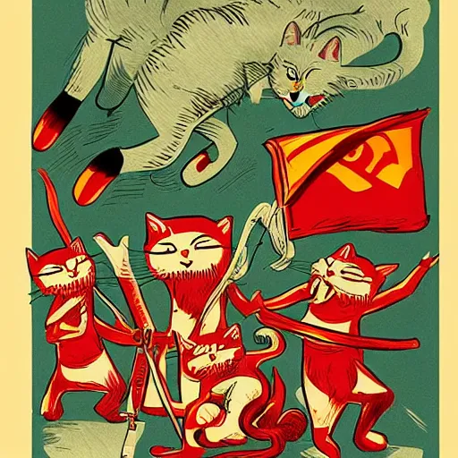 Image similar to riot of communist cats drawn as communist propaganda