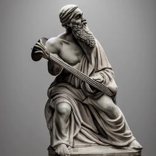 Prompt: epic greek marble statue of a bald man with a long beard playing a guitar, photo, chiaroscuro