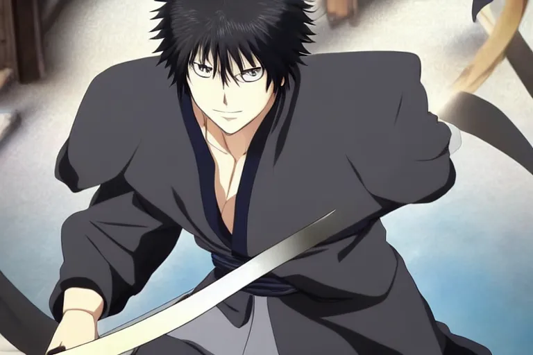 Prompt: A handsome man，Black short hair, blue eyes, Hijikata Toushirou of Gintama,Kyoto Animation