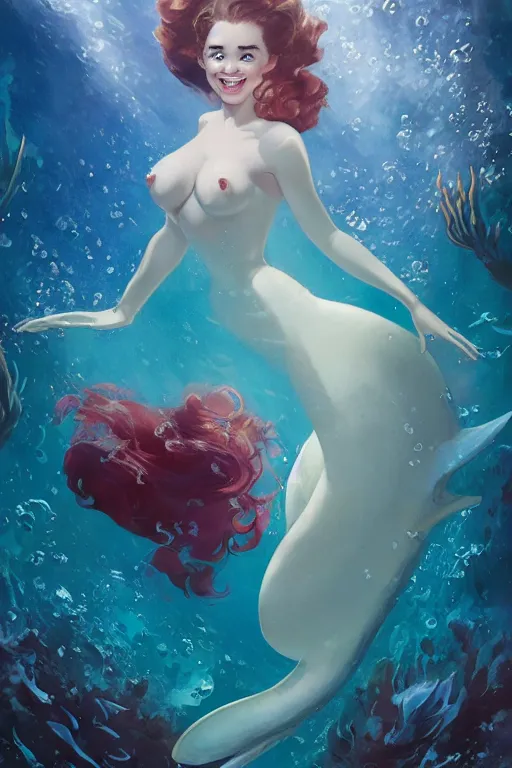 Prompt: Emilia Clarke as the little mermaid underwater by Gil Elvgren Stanley Artgerm Lau, WLOP, James Jean, Andrei Riabovitchev, Marc Simonetti, Yoshitaka Amano, ArtStation, CGSociety, hair floating covering chest, bubbles vfx, cinematic lighting, god ray, starlit shining eyes