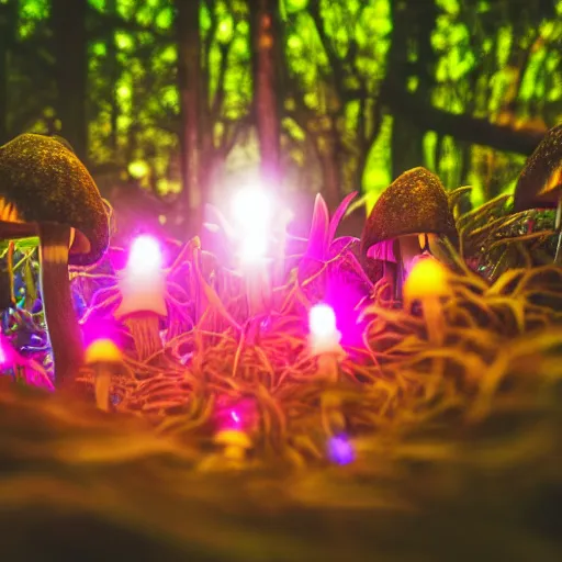 Image similar to macro photo of luminous magic psychedelic mushroom in magic forest