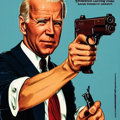 Image similar to propaganda poster of joe biden pointing gun directly at camera in james bond movie, closeup of gun, visible barrel and grip by j. c. leyendecker, bosch, lisa frank, jon mcnaughton, and beksinski