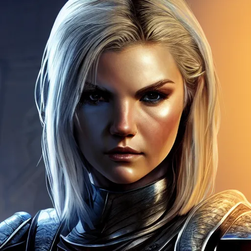 Prompt: front centered symmetrical RPG avatar portrait, Elisha Cuthbert as a paladin, blonde hair, black armour, dramatic lighting, cinematic, establishing shot, high detail, photo realistic, cinematic lighting, post processed, 8k, concept art, artstation, matte painting, in the style of eddie mendoza, raphael lacoste, alex ross