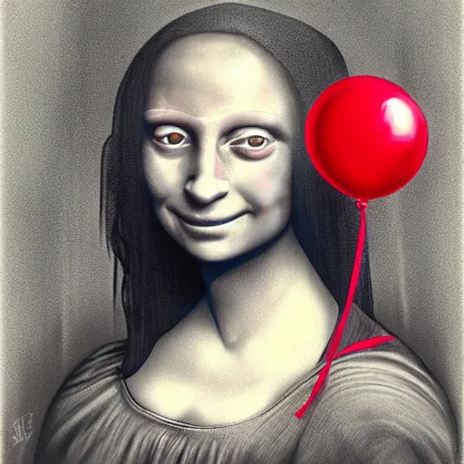 Prompt: surrealism grunge cartoon portrait sketch of a flower with a wide smile and a red balloon by - michael karcz, loony toons style, mona lisa style, horror theme, detailed, elegant, intricate