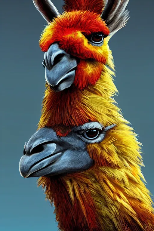 Prompt: portrait of an Anthro llama warrior, digital art, illustration, Unreal Engine, Concept Art, Proportional, magical, Navajo-Inspired, Stylized, Sun Conure, Strong Pose, wingless, head and shoulders, fierce eyes staring at the camera