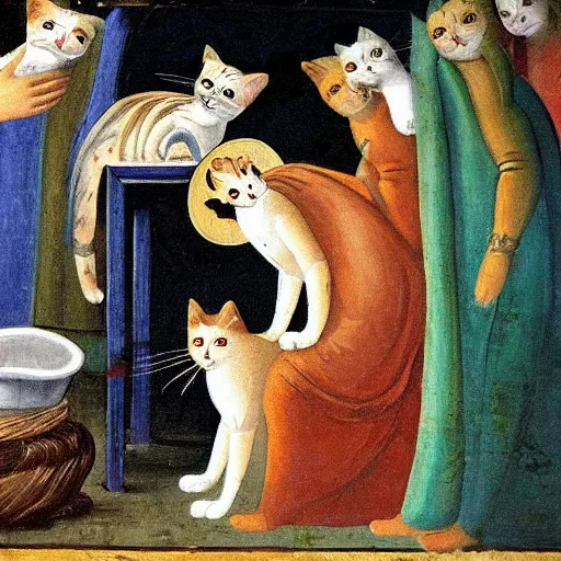 Image similar to cats being worshipped, fresco painting