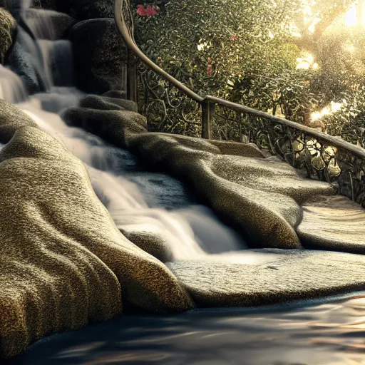 Prompt: a stairway of flowing water, hyperrealistic, 8 k, octane render, unreal engine, highly detailed, a real photographic, digital art, 8 k, realistic, ocatne render