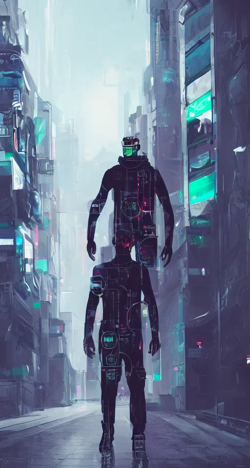 Image similar to concept art portrait of male cyberpunk walking through futuristic town