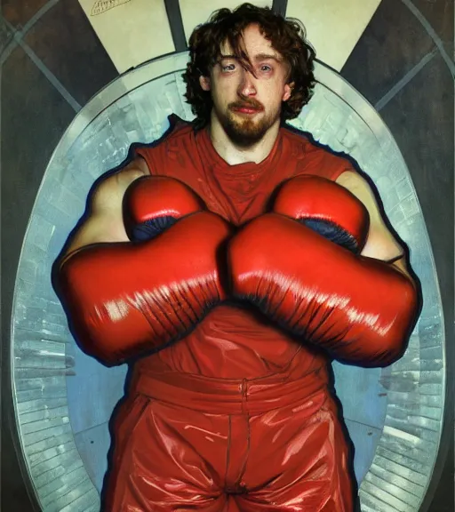 Prompt: Gigachad Sam Hyde ready for battle, boxing stance, wearing big mecha red boxing gloves , sigma male, accurately portrayed, portrait art by alphonse mucha and greg rutkowski, highly detailed, digital painting, concept art, illustration, dim lighting with twilight rays of sunlight, trending on artstation, very detailed, smooth, sharp focus, octane render, close up