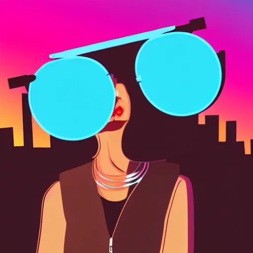 Image similar to a woman with light blue shutter shades in front of a sunset, a dark brown leather jacket, one side brown haircut with blue ends, vector art by jan tengnagel, pixabay contest winner, retrofuturism, retrowave, synthwave, outrun, portrait, synthwave