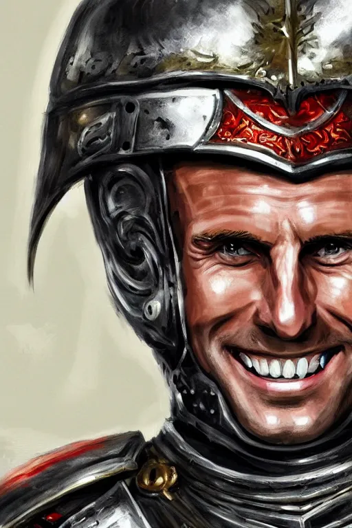 Image similar to emmanuel macron smiling while wearing armour, highly detailed, digital art, sharp focus, trending on art station