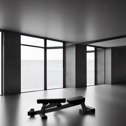 Prompt: brutalist workout gym, big windows, showing sea landscape on background, minimalist architecture, gym furniture, octane render, high quality, 8 k, post production