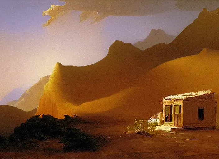 Image similar to painting of a sigeru ban house in the desert by thomas cole