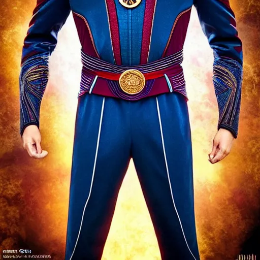 Image similar to conceptual barcelona uniform with doctor strange design, photography, filmic, cinematic, glamor shot