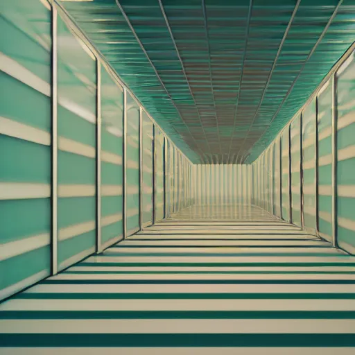 Image similar to noisy color photograph of a retrofuturist liminal space, twisting hallways, minimalist, cinematic, soft vintage glow, 3d render, photorealism