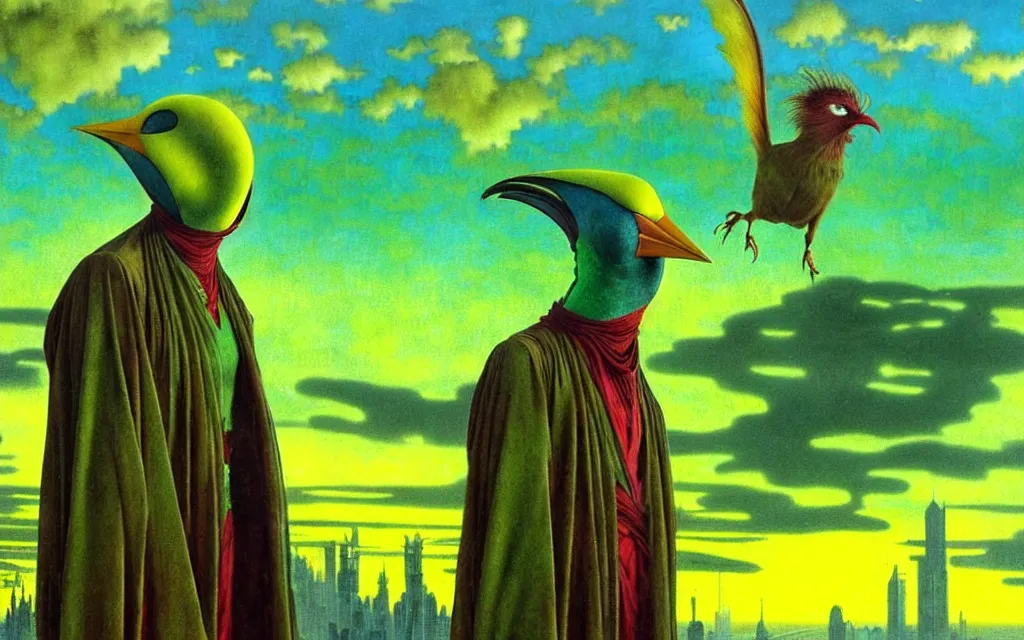 Image similar to realistic detailed portrait movie shot of a birdman wearing green robes, futuristic city sunset landscape background by denis villeneuve, yves tanguy, alphonse mucha, ernst haeckel, max ernst, roger dean, masterpiece, rich moody colours, feathers, ethereal, occult, blue eyes