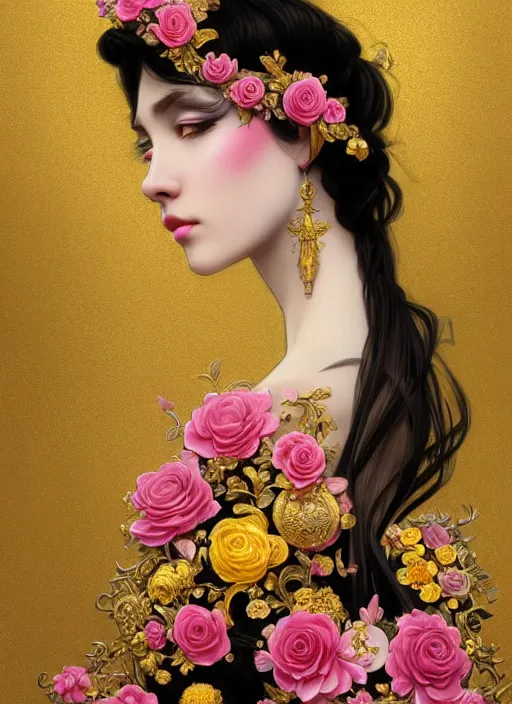 Image similar to beautiful black pink yellow, complicated gold and pink flowers in baroque style headwears, dark fantasy, intricate, elegant, highly detailed, digital painting, artstation, concept art, matte, 3 d 8 k octane rendered, sharp focus, illustration, octane rendered, art by artgerm and alphonse mucha, leesha hannigan