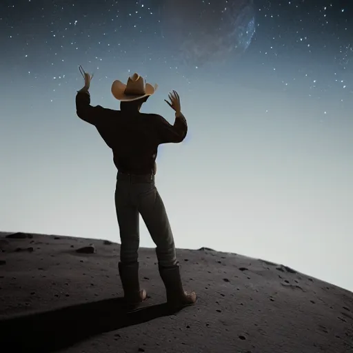 Image similar to cowboy standing on the moon looking up at earth and the stars, photorealistic, octane render, blender render, unreal engine, 3 5 mm