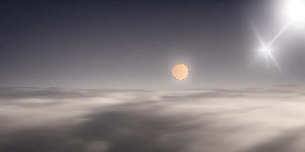 Prompt: solar eclipse, a triangular moon, sun rays, fog, photorealistic, calm environment