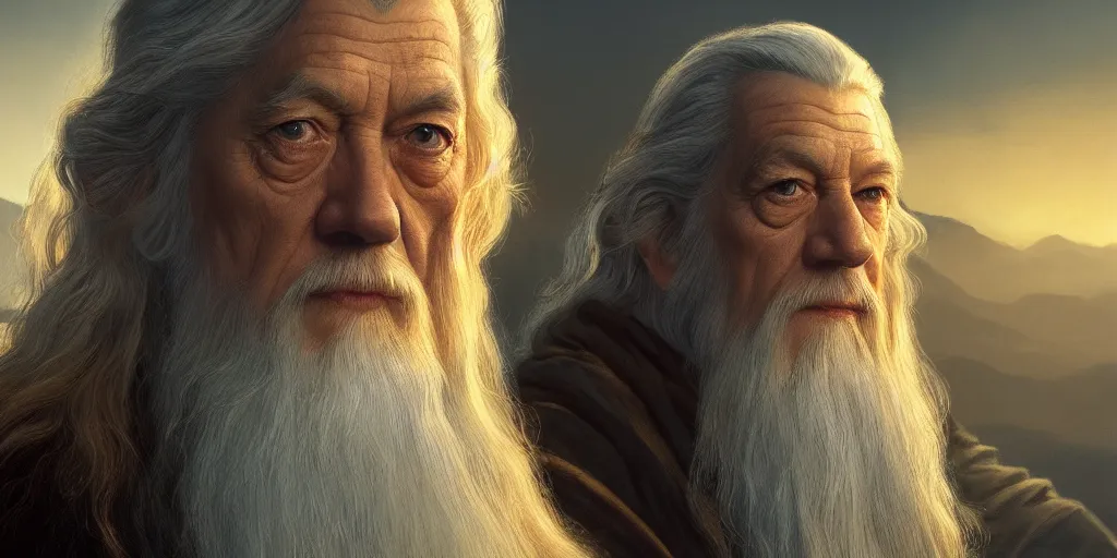 Image similar to Gandalf portrait, golden hour, rim lighting, detailed matte painting, cinematic, Alan Lee, Artstation