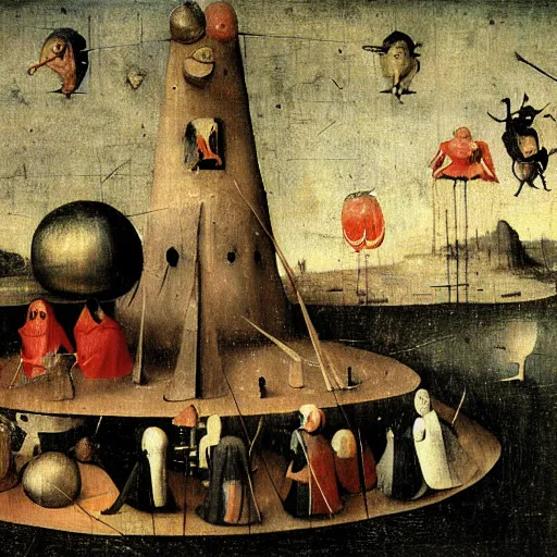 Prompt: Among Us impostor and crewmates by Hieronymus Bosch