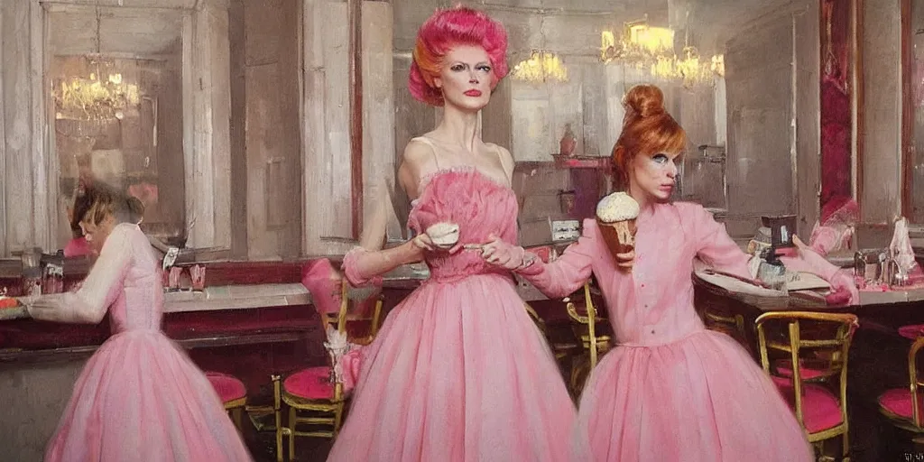 Image similar to 3 d david bowie, dressed in a pink, white, and teal ballgown, in an ice cream parlor, master painter and art style of noel coypel, art of emile eisman - semenowsky, art of edouard bisson