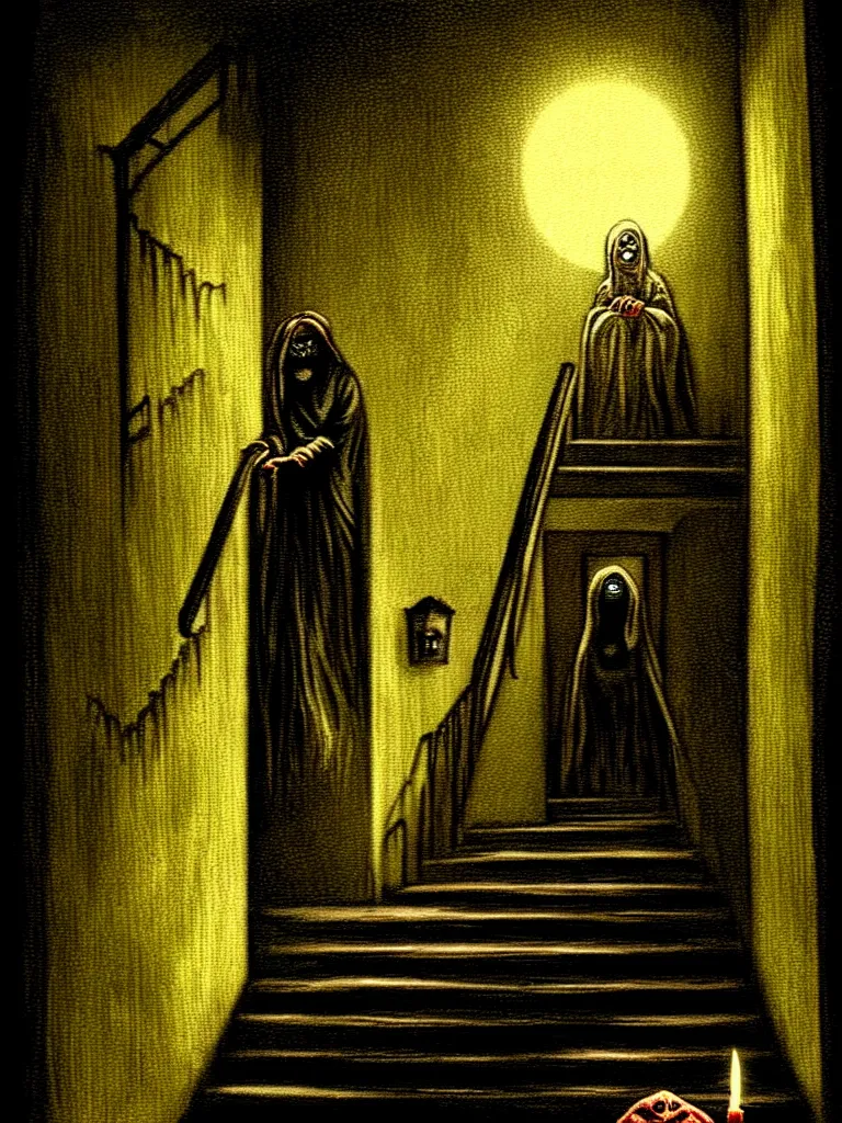 Image similar to Full Color Vintage Horror Illustration of a Scary Old Lady Staring Down a Stairwell at night. Looking downward. Candle light Glowing illumination, Spooky lighting , Pinterest