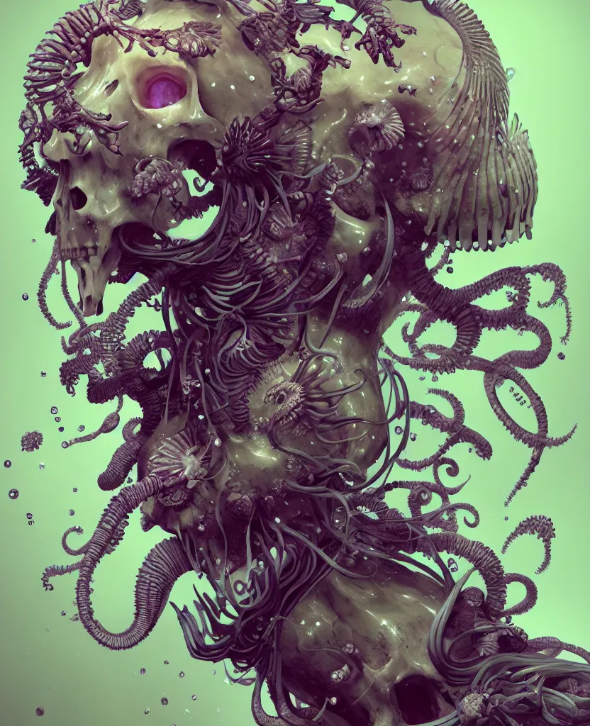 Image similar to goddess close-up portrait ram skull, thorax, x-ray, backbone, jellyfish phoenix head, nautilus, orchid, skull, betta fish, bioluminiscent creatures, intricate artwork by Tooth Wu and wlop and beeple. octane render, trending on artstation, greg rutkowski very coherent symmetrical artwork. cinematic, hyper realism, high detail, octane render, 8k