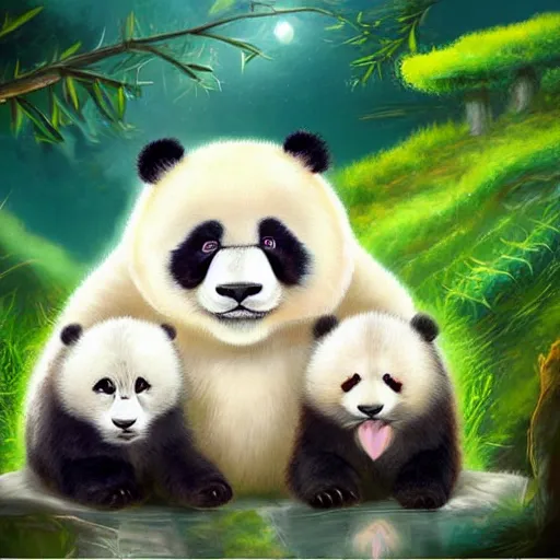 Prompt: cute fluffy panda lion hybrid creature with panda face and long furry lion mane detailed luminescent 4 k magical realism painting