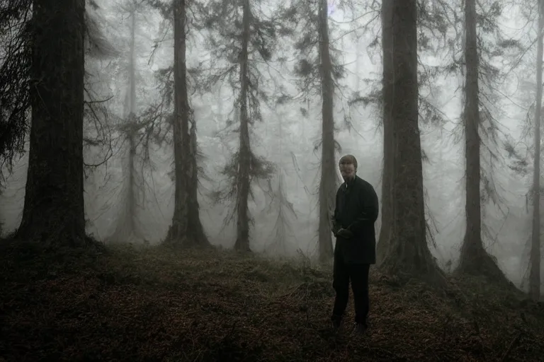 Image similar to a cinematic headshot portrait of a male scientist, in a spooky forest, fog, portrait, portrait, portrait, shrubbery, 8 k, detailed, backlight, deep focus, movie still, moody lighting, by werner herzog