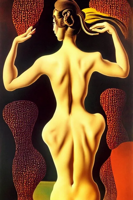 Image similar to beautiful woman by salvador dali, intricated details, 3 / 4 back view, hair styled in a bun, bendover posture, full body portrait, bright design, drips, autumn lights