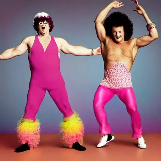 Image similar to seth rogan as richard simmons, photograph