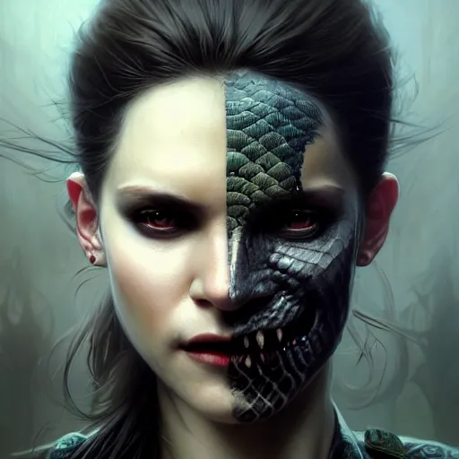Prompt: portrait painting of a vampire with snake skin and three eyes wearing vietnam fatigues, ultra realistic, concept art, intricate details, eerie, highly detailed, photorealistic, octane render, 8 k, unreal engine. art by artgerm and greg rutkowski and charlie bowater and magali villeneuve and alphonse mucha